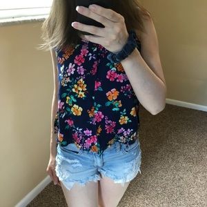 Navy floral strappy detail tank